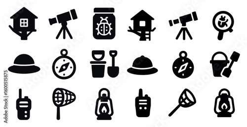 Exploration and adventure silhouette icons set – journey, discovery, travel symbols