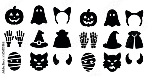 Halloween silhouette icons set – solid, filled, spooky and festive symbols