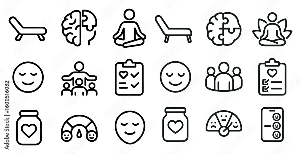 Fototapeta premium Health and wellness outline icons set – flat, fitness, mindfulness symbols