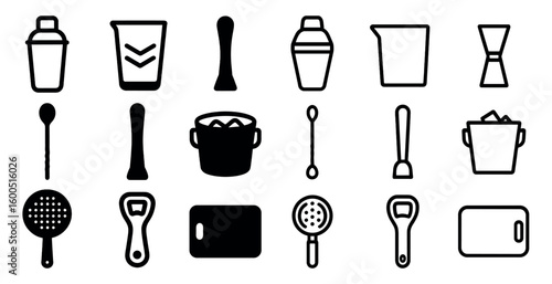 Bar and cocktail solid icons set – filled, tools and drink preparation symbols