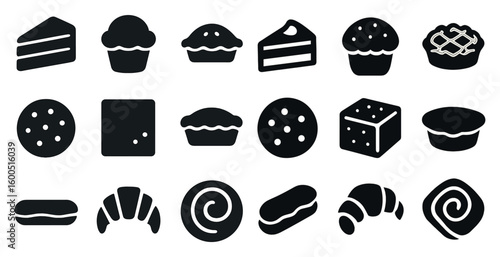 Bakery and sweets silhouette icons set – filled, cookie, pastry symbols