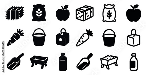 Farming and agriculture solid icons set – flat, filled, harvest and crop symbols