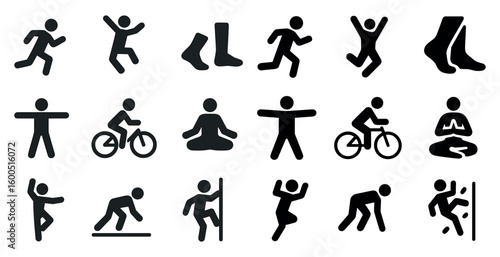 Fitness and exercise silhouette icons set – workout, gym, health symbols