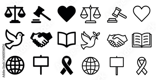 Law and justice icons set – outline, legal, courtroom and advocacy symbols