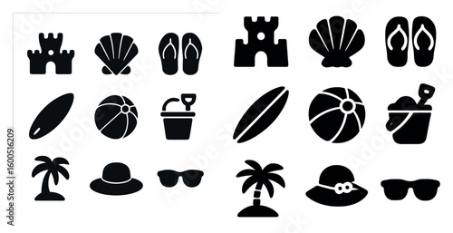 Beach vacation icons set: solid, summer, holiday essentials symbols