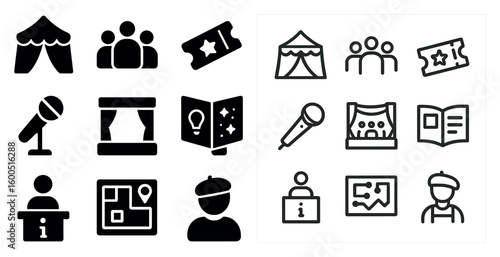 Event and conference solid icons set – filled, presentation, and meeting symbols