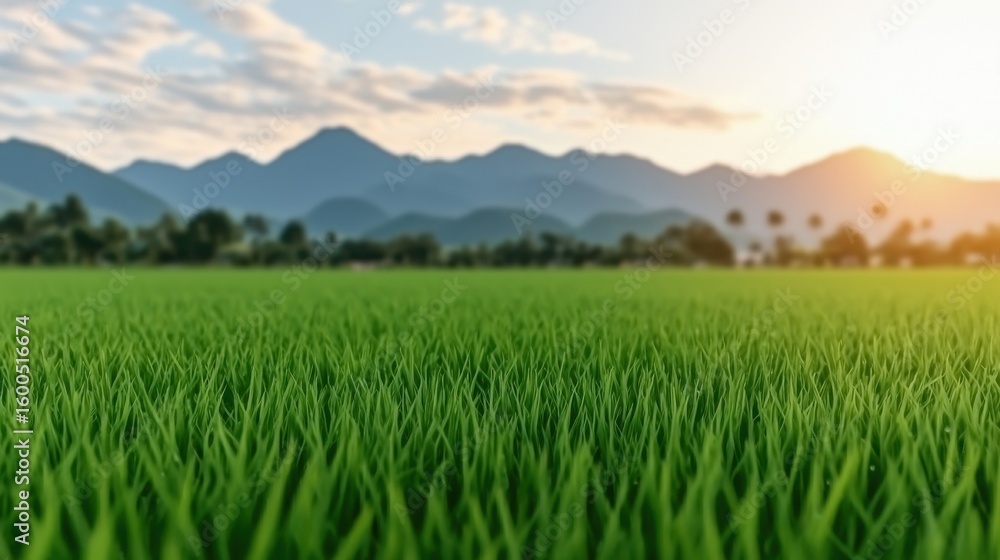 Fototapeta premium Views of Southeast Asian Rice Fields Concept. Lush Green Rice Field Under Sunset with Mountains in the Background