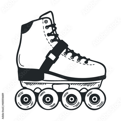 Black and white inline skate illustration with detailed four-wheel design