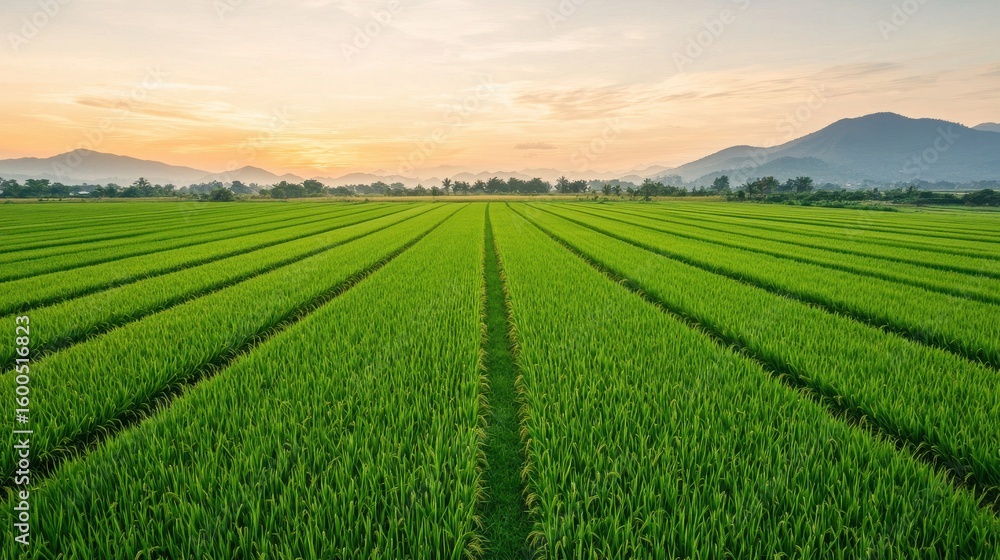 Naklejka premium Views of Southeast Asian Rice Fields Concept. Lush Green Rice Field Under a Vibrant Sunrise with Majestic Mountains in Distance