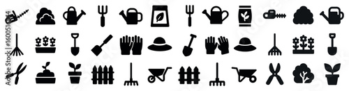 Gardening solid icons set – tools, plants, landscaping symbols
