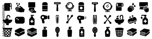 Personal care solid icons set – silhouette, hygiene, grooming essentials symbols