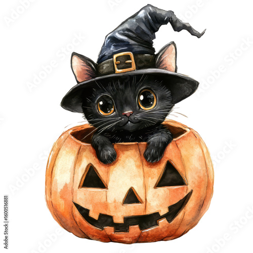 cute cat in halloween pumpkin  with witch hat