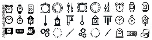 Clock and time outline icons set – timer, watch, alarm symbols and designs