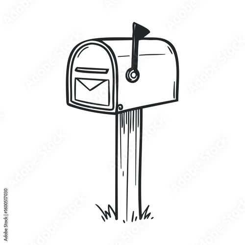 Hand-drawn mailbox illustration with flag and envelope icon