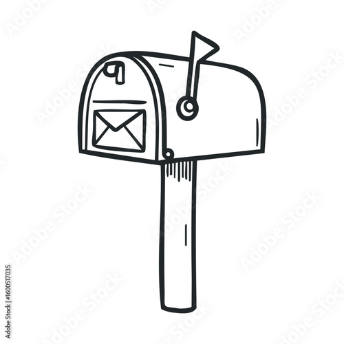 Simple hand-drawn mailbox icon with raised flag and envelope design