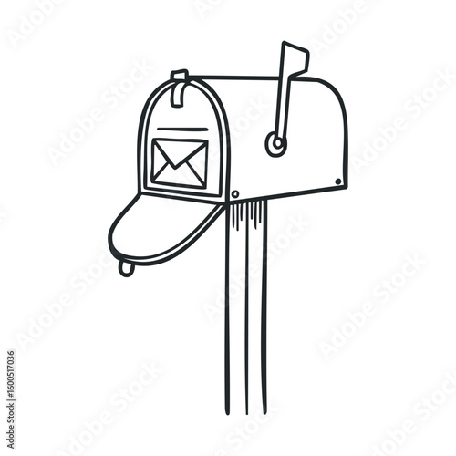 Black and white illustration of mailbox with raised flag and enclosed letter