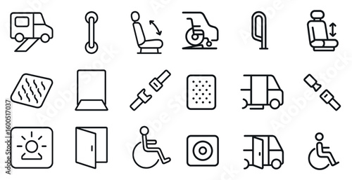 Accessible and mobility outline icons set – flat, inclusive, transport symbols
