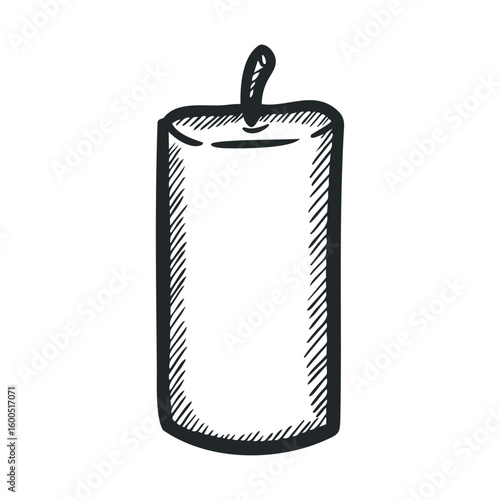 Hand-drawn tall candle illustration with wick in black and white