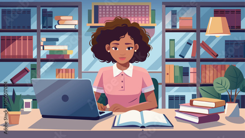 Woman working on a laptop in a library with bookshelves