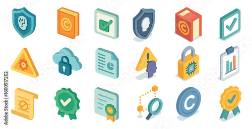 Intellectual property isometric icons set – copyright, security, ai symbols