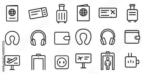 Travel and tourist line icons set – outline, travel essentials, itinerary symbols