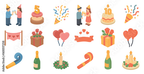 Birthday party 3d icons set – celebratory, festive, event decorations