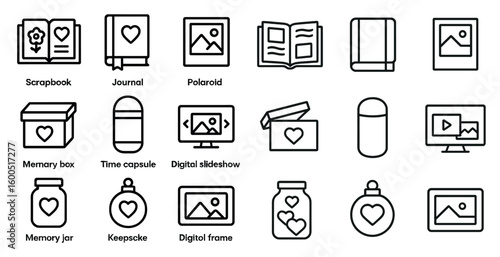 Memory and keepsake line icons set – outline, digital, scrapbook and journal symbols