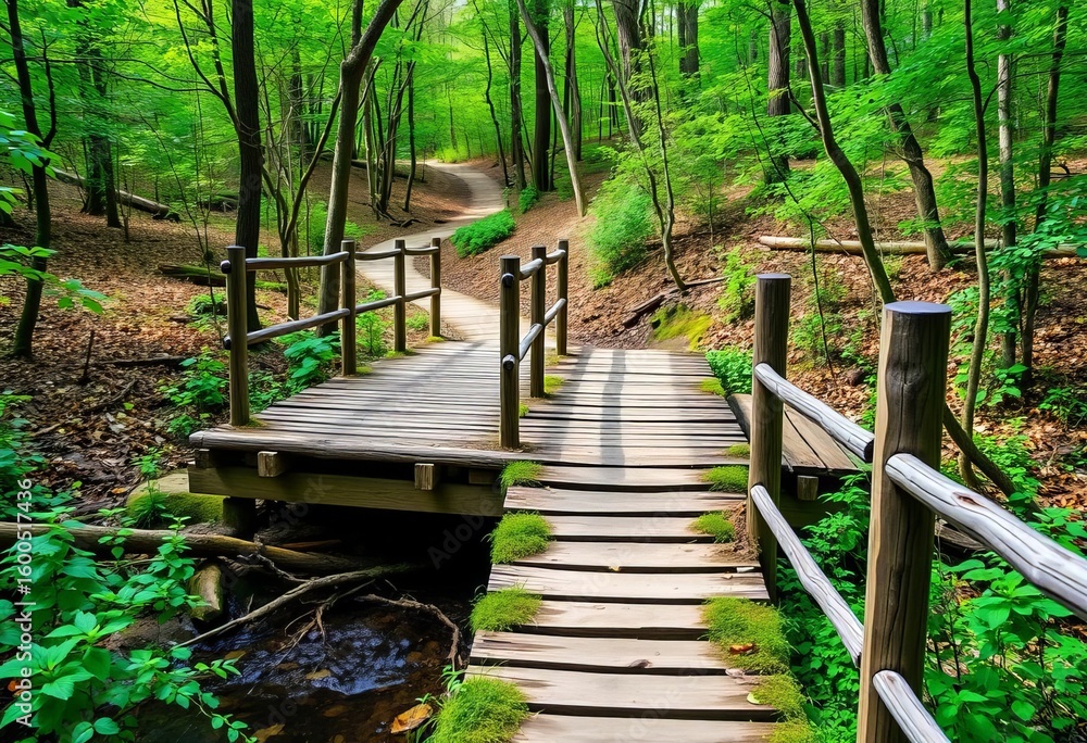Fototapeta premium Wooden footbridge crossing a stream leading to a nature trail, trees, summer