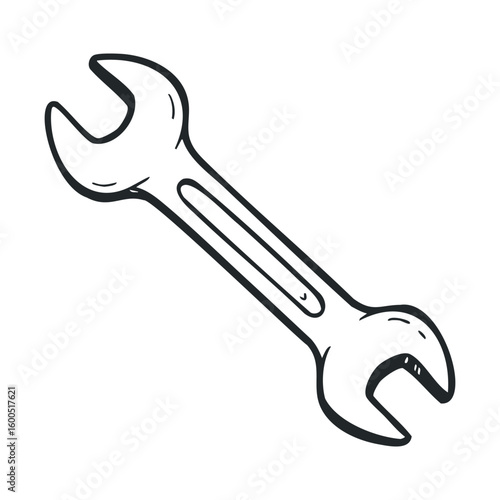 Hand-drawn black and white wrench illustration for tools and repair themes
