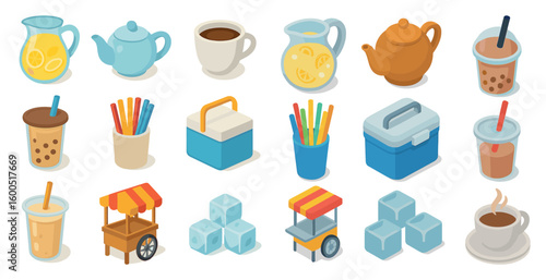 Beverage and drink isometric icons set – flat, 3d, cup and refreshment symbols