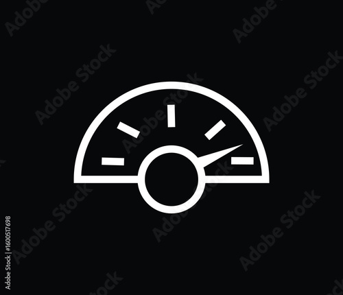 Clean and minimalist speedometer icon in white, ideal for representing speed, performance monitoring, efficiency, and system optimization. This half-circle gauge graphic is perfect for use in dashboar