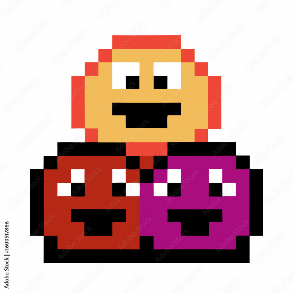 Obraz premium Pixelated happy face with two smaller colorful smiling characters below, retro 8 bit style, friendship, unity, playful design