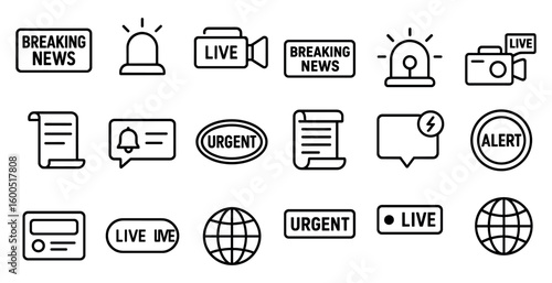 Breaking news line icons set – alert, urgent, live broadcast symbols