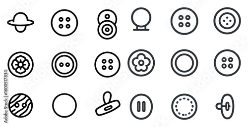 Button and sewing outline icons set – linear, silhouette, crafting and design tools