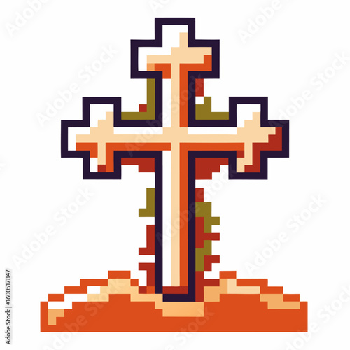 Pixel art christian cross on grave, cemetery symbol retro religious graveyard concept, faith in afterlife, spirituality