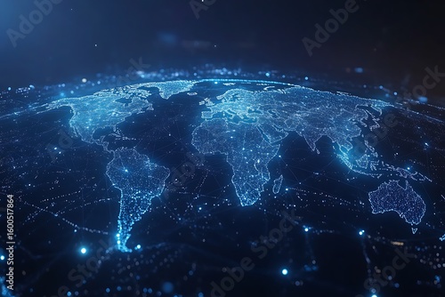 Global network of interconnected digital data streams illuminating the earth s continents with a futuristic blue glow