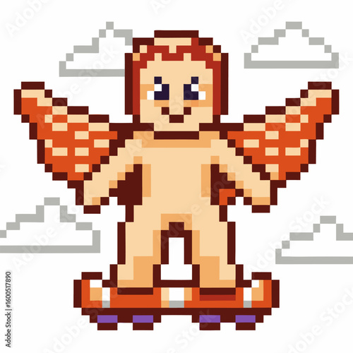 Pixel art winged character standing on orange hoverboard, clouds in background retro video game flying hero concept