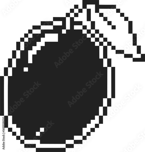 Pixel art lemon with leaf minimalist retro fruit icon, black and white 8 bit citrus illustration for digital design themes