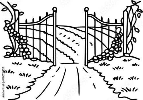 Open wrought iron garden gate with climbing vines and curved path, rural countryside entrance, welcoming farm scene