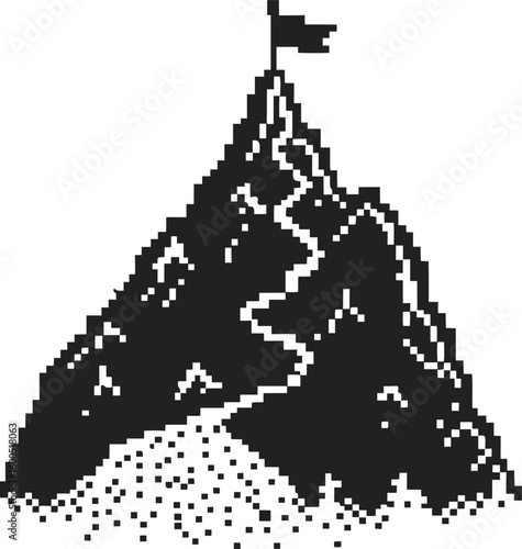 Pixel art mountain peak with summit flag achievement, success, challenge, retro computer graphic, classic symbol goal