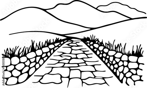 Countryside stone pathway leading to distant hills, rural landscape illustration with mountain view and open road