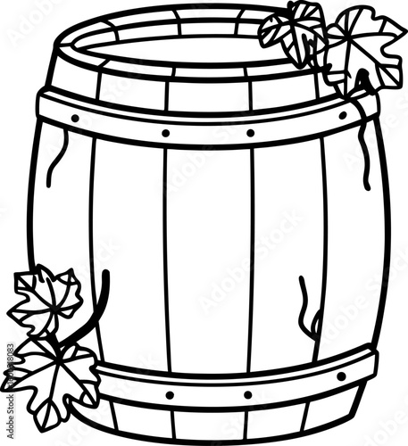 Wooden barrel with grapevine leaves classic wine cask outline, winery fermentation container, viticulture detail, harvest symbol