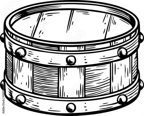 Wooden barrel tub illustration in vintage engraving rustic storage container, round bucket design with metal bands