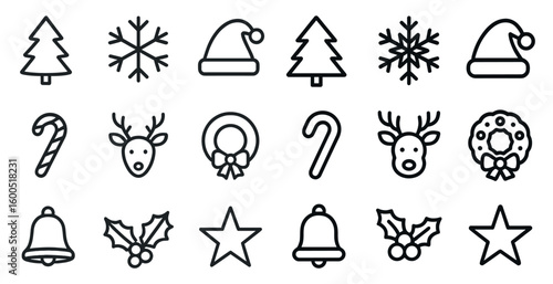 Christmas and winter outline icons set – festive, seasonal, holiday symbols