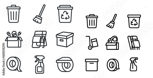 Home organization icons set – outline, linear, storage and cleaning symbols