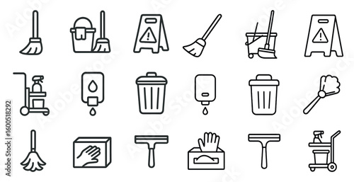 Cleaning tools icons set – outline, linear, housekeeping and janitorial symbols