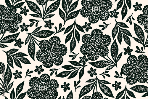 Intricate black floral pattern with ornamental flowers and leafy branches on a cream background. Hand-drawn style, ideal for prints, fabric, and decorative use.