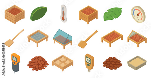 Coffee processing isometric icons set – 3d, flat, roasting and grinding symbols
