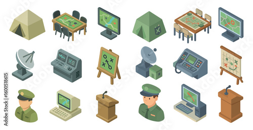 Military strategy isometric icons set – command, maps, defense planning symbols