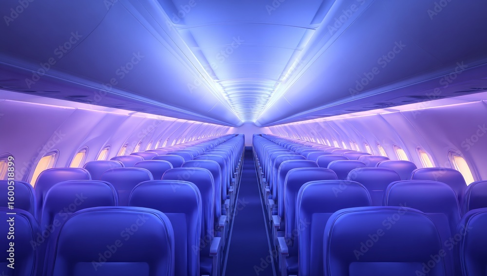 Fototapeta premium An airplane's cabin interior boasts blue seats that are neatly arranged, reflecting a modern design aesthetic that prioritizes comfort and functionality, with ample overhead storage, ideal for
